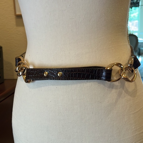 Talbots Black Croc Embossed Genuine Leather 1" With Golden Rings Belt Large - Picture 6 of 11